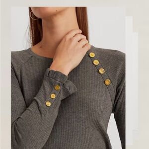 NWT Lauren Ralph Lauren Button Trim Rib Cotton Blend Top